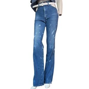 Wrangler Cowboy Cut Distressed Paint Splatter Jeans Blue Western Grunge 29x36